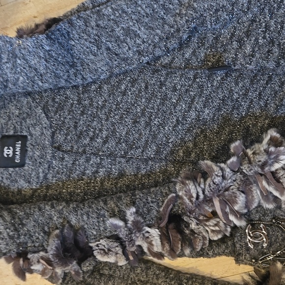 RARE Gray Metallic Accent Cardigan Sweater with Feather Accent Trim - Picture 10 of 16